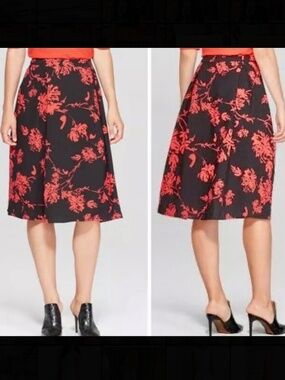 Who What Wear Red & Black Willow Floral A-Line Midi Skirt Sz 8
